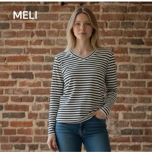 MELI NEW HIGH V NECK TOP STRIPE gray white Medium